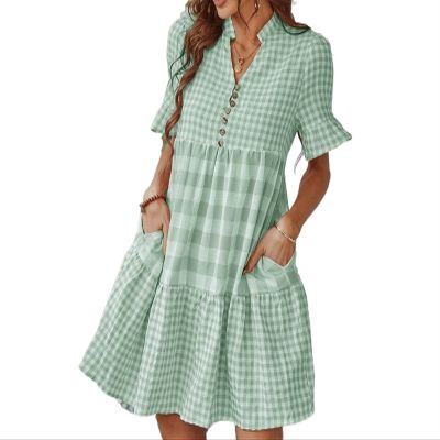 BDUBZ Women's Casual Dresses Casual T Shirt Dress V-Neck Button Down Short Sleeve Summer (Color : Green, Size : Medium)