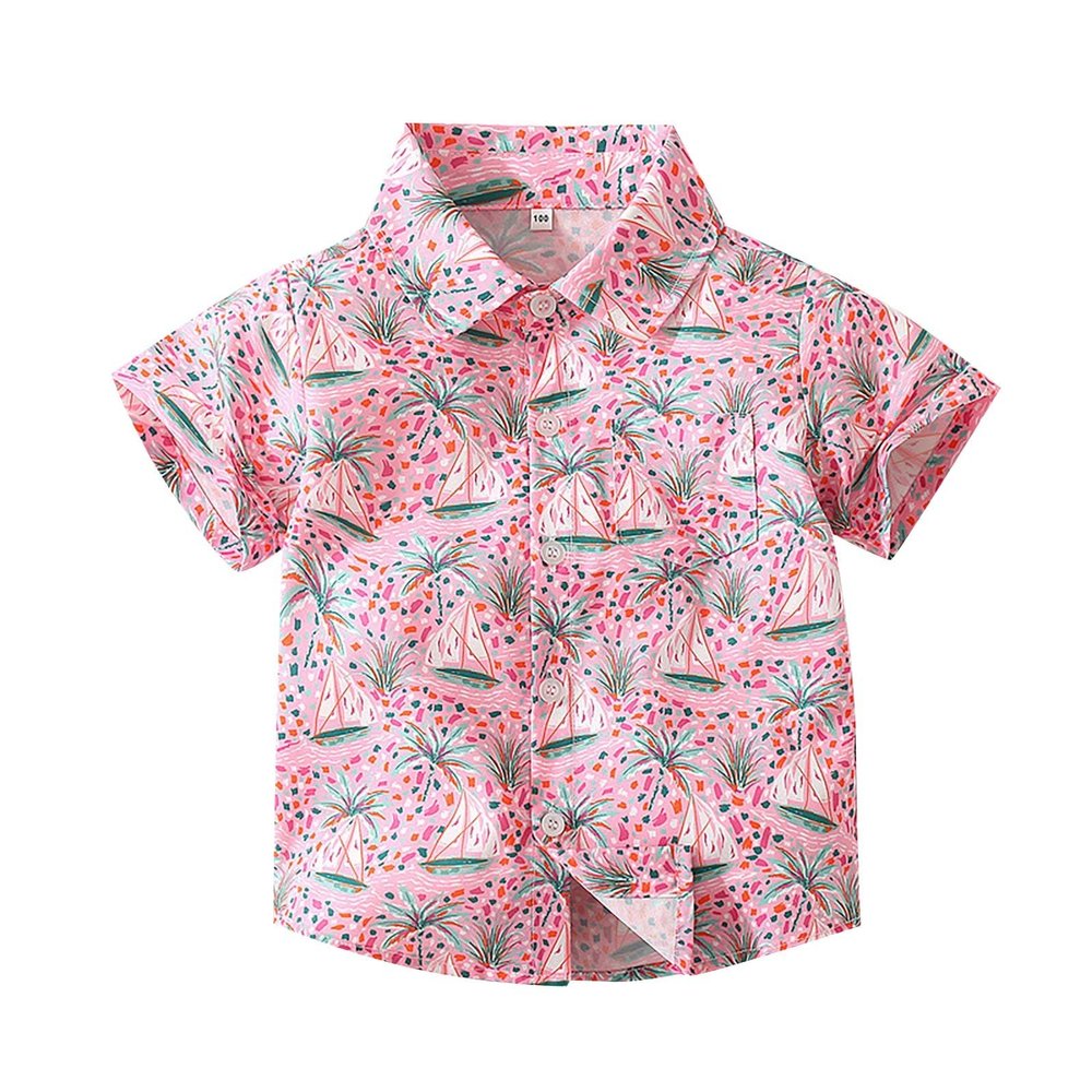 Boys Summer Clothes Shirt Pink Lapel Shirt Beach Wind Coconut Short Sleeved Everything Shirt Casual (Pink, 4-5 Years)