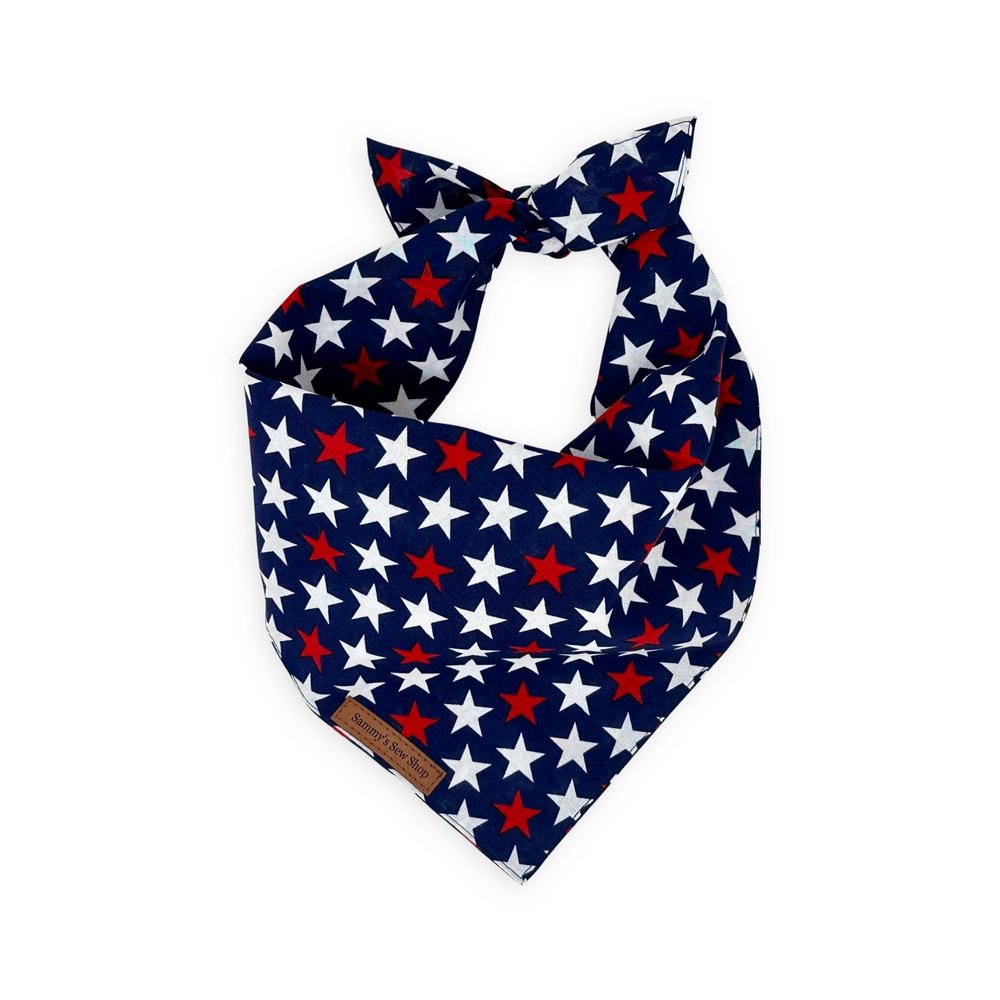 4th of July Dog Bandanas  Red, White, and Cute 4th of July Print Dog Bandanas, Tie Back, Premium Light Drape Fabric, Unique Design, Handmade in The USA, Multiple Size (Star Spangled, Small)