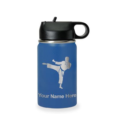 LaserGram Personalized Water Bottle, Karate Man, Stainless Steel Double Wall Vacuum Insulated with Flip Top Straw, Custom Engraved Gift (12oz / 335ml Dark Blue)