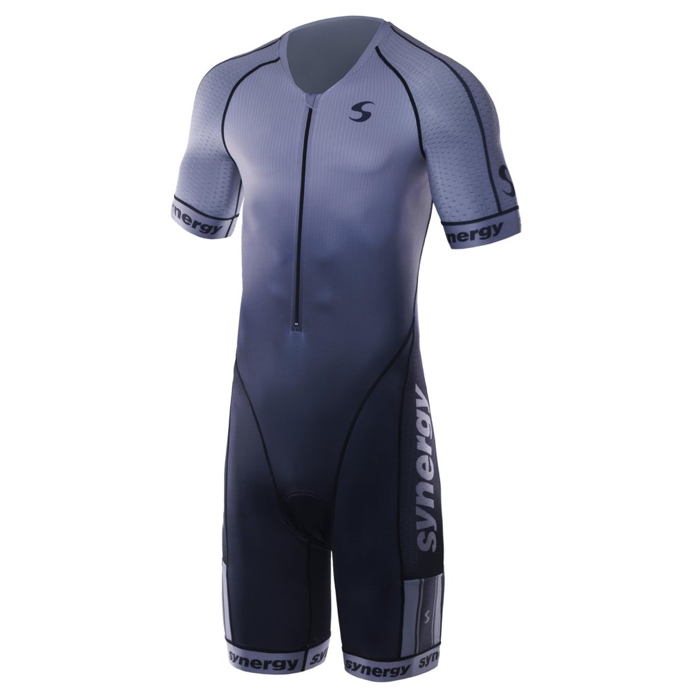 Synergy Triathlon Tri Suit - Men's Elite Short Sleeve Trisuit Cycling Skinsuit (Smoke Gray, Small)