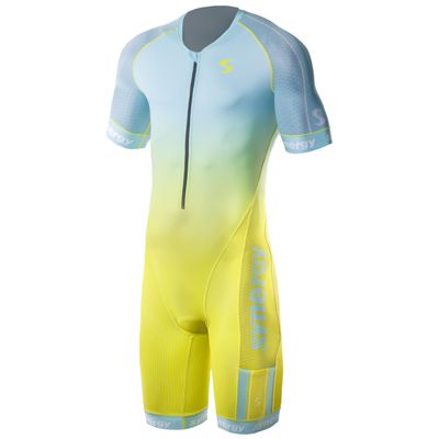 Synergy Triathlon Tri Suit - Men's Elite Short Sleeve Trisuit Cycling Skinsuit (Mint/Yellow, XX-Large)
