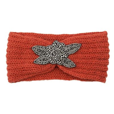 Women Knit Headbands Thermal Winter Warm Head Wraps Rhinestone Big Flower Sport Head Covering Caps (Orange, One Size)