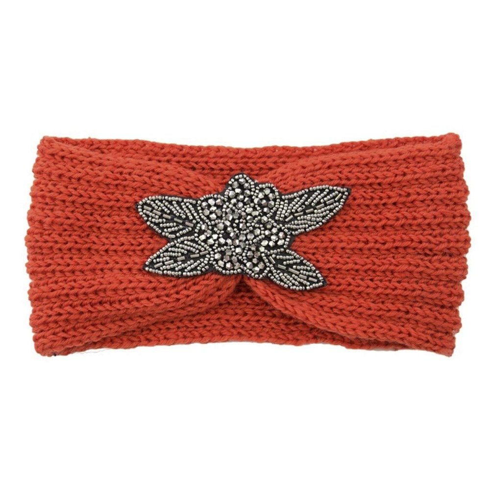 Women Knit Headbands Thermal Winter Warm Head Wraps Rhinestone Big Flower Sport Head Covering Caps (Orange, One Size)
