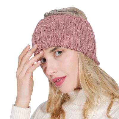 Womens Knit Head Wraps Winter Warm Stretchy Turban Hats Solid Color Wrap Scarf Thick Headbands Hats (Pink, One Size)