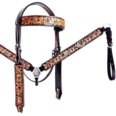 Western Saddle Horse Headstall Bridle Breast Collar Reins Tack Set Leather Floral Tooled Handmade Breastplate ME-HBC-102C Cob Size