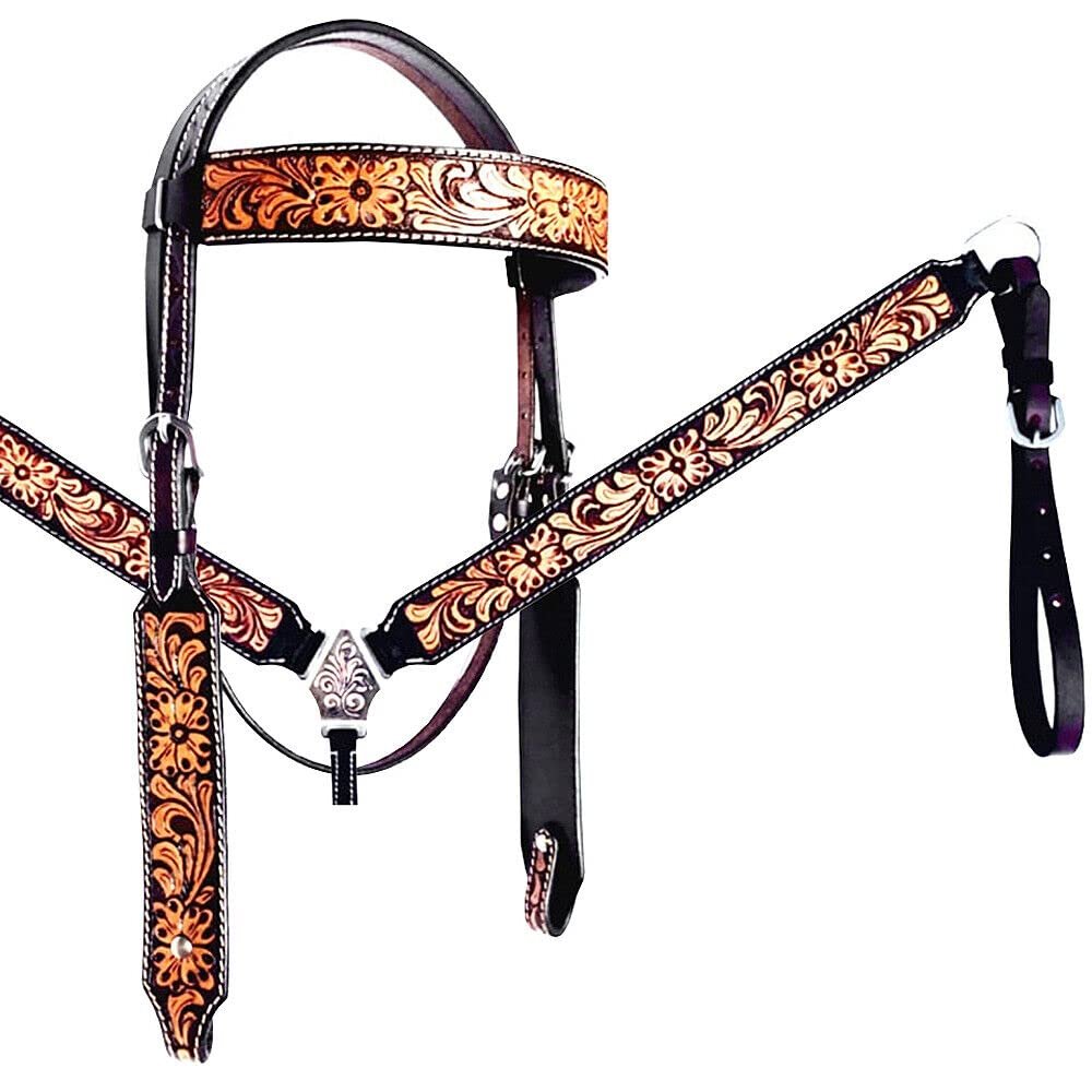 Western Saddle Horse Headstall Bridle Breast Collar Reins Tack Set Leather Floral Tooled Handmade Breastplate ME-HBC-102C Cob Size