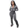 Womens 2 Piece Velour Jogger Tracksuit Two Piece Sexy Outfits for Women, Long Sleeve Full-Zip Up Velvet Crop Tops Jacket Flared Pants Matching Set Sportswear Sweatsuit Pockets Patchwork Glitter Stripe view 1