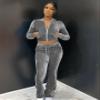 Womens 2 Piece Velour Jogger Tracksuit Two Piece Sexy Outfits for Women, Long Sleeve Full-Zip Up Velvet Crop Tops Jacket Flared Pants Matching Set Sportswear Sweatsuit Pockets Patchwork Glitter Stripe view 4
