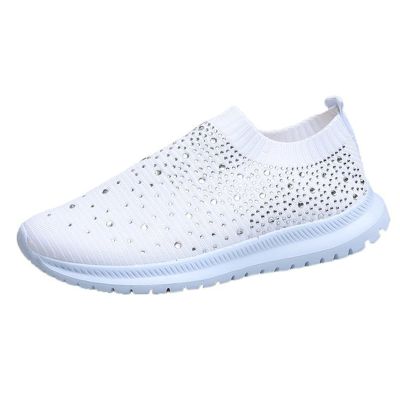 GUTZBSY Womens Rhinestones Glitter Fashion Mesh Walking Shoe,Bling Sneakers for Women Rhinestones (White,9)