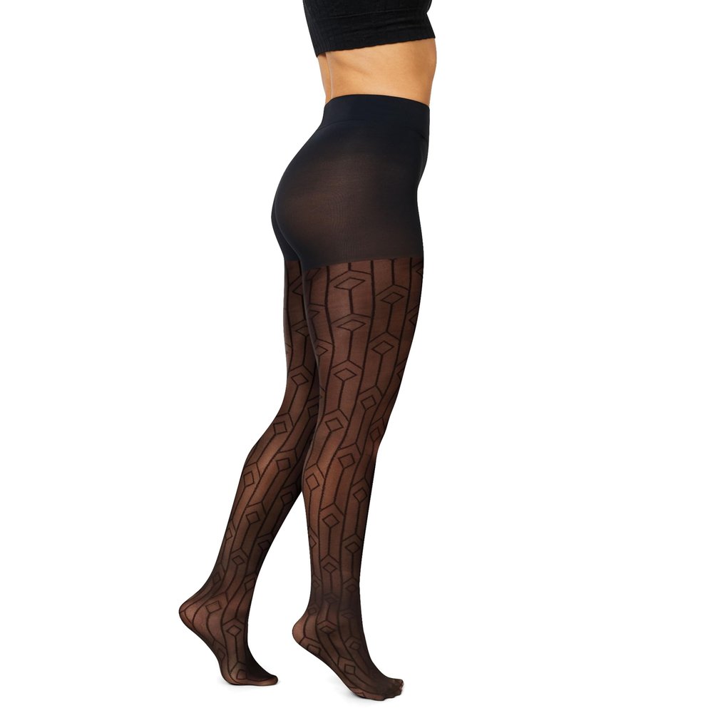 Hanes EcoSmart Art Deco Women's Fashion Tights, Control Top, Sheer Toe, Black, Size Medium (Pack of 1)