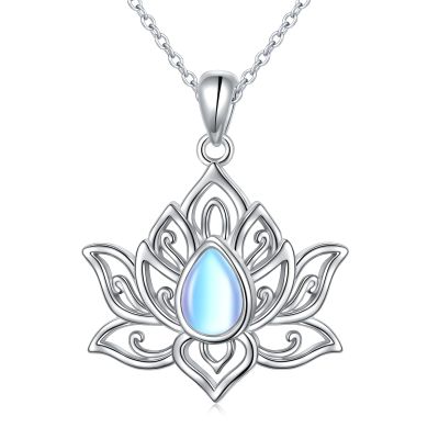 FLYOW Yoga Lotus Neckalces for Women 925 Sterling Silver Moonstone Lotus Pendant for Lady Anxiety Stress Relieving Birthday Gifts