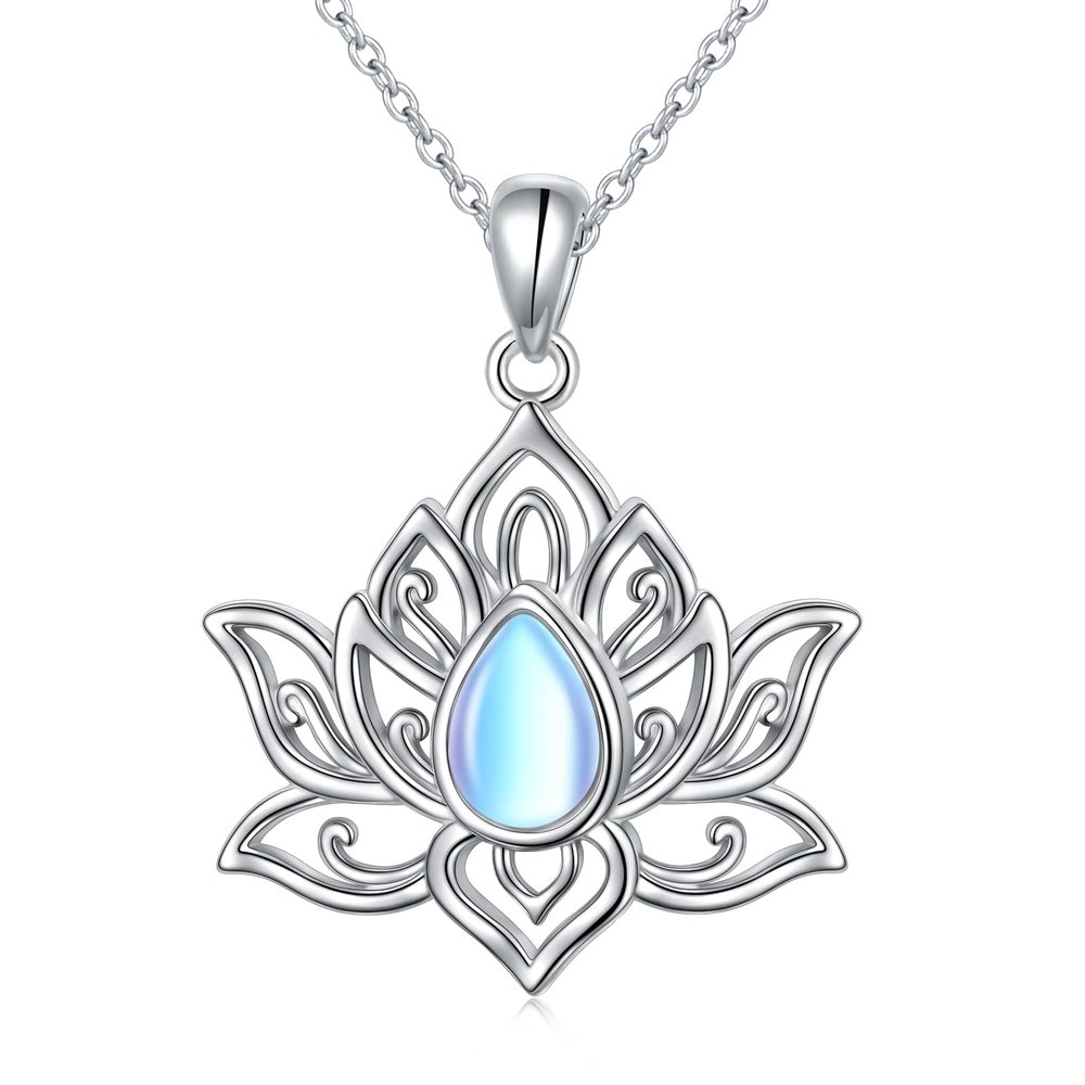 FLYOW Yoga Lotus Neckalces for Women 925 Sterling Silver Moonstone Lotus Pendant for Lady Anxiety Stress Relieving Birthday Gifts