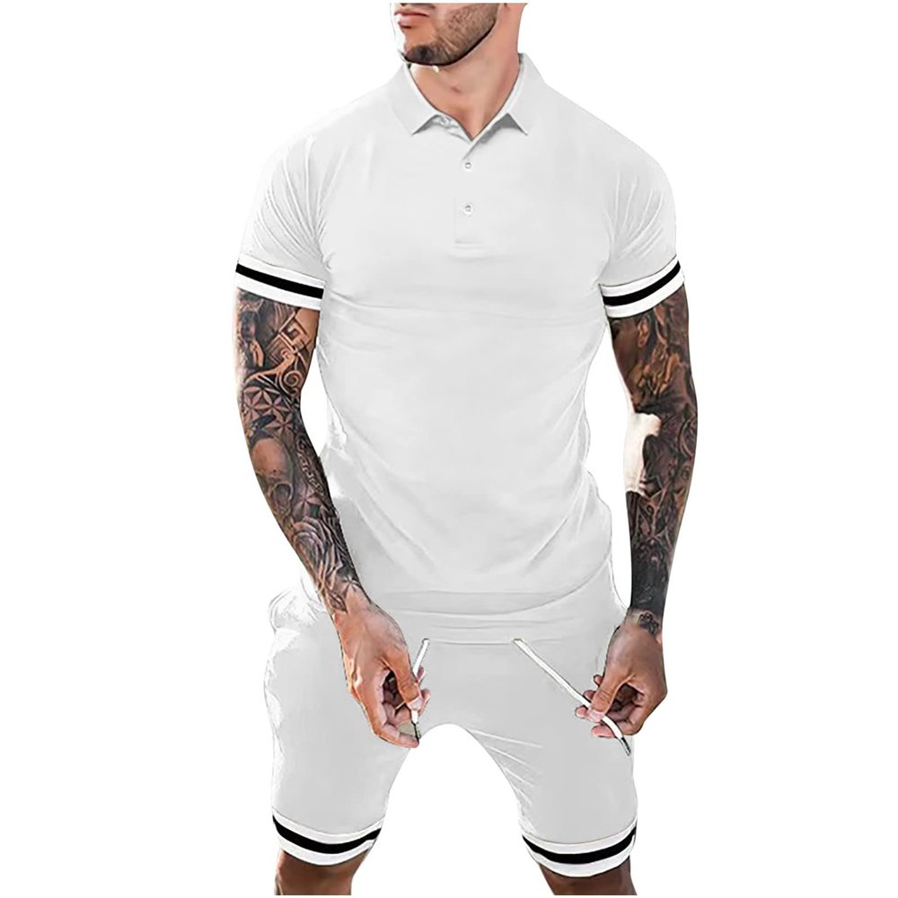Men's Tracksuit 2 Piece Athletic Sweatsuits Henley Button Shirts and Shorts Jogging Suits Casual Sports Running Sets White