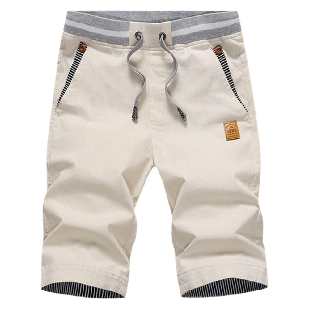 AAPAH 's Summer Casual Cotton Style Boardshort Male Drawstring Elastic Waist Breeches Beach s2 Beige M