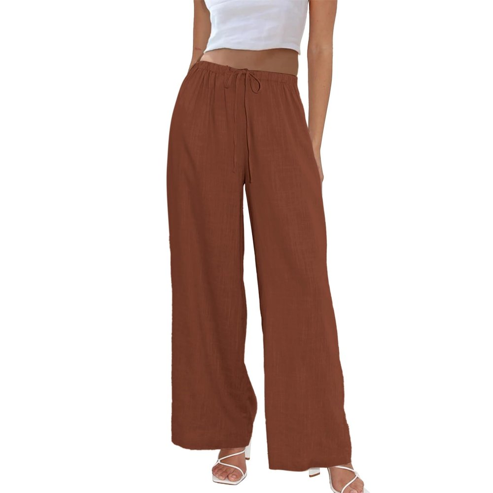 Duyang Womens Cotton Linen Palazzo Pants Drawstring Elastic Waist Casual Wide Leg Trousers with Pockets(Brick Red,S)