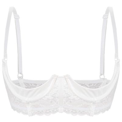 ACSUSS Womens Shiny Leather 1/3 Cup Underwired Bra Floral Lace Brassiere Lingerie Underwear White X-Large