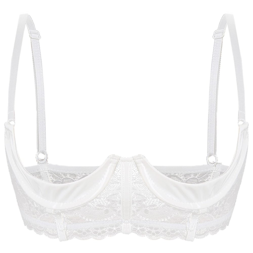 ACSUSS Womens Shiny Leather 1/3 Cup Underwired Bra Floral Lace Brassiere Lingerie Underwear White X-Large