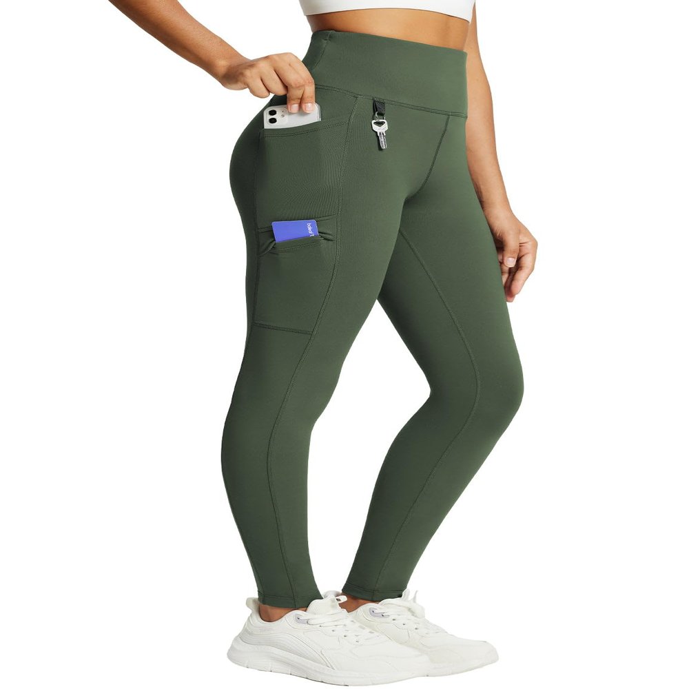 baleaf Women's Fleece Lined Leggings Waterproof Winter Hiking Pants Thermal Running Tights Zipper Pockets High Waisted Cold Weather Green Small