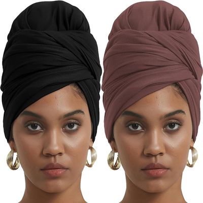 corciova Black Deep Coffee 2 Pcs Long Soft Head Wrap Turban Headband for Black Women Two Way Stretch Fashion African Head Covering Jersey Hijab Scarf