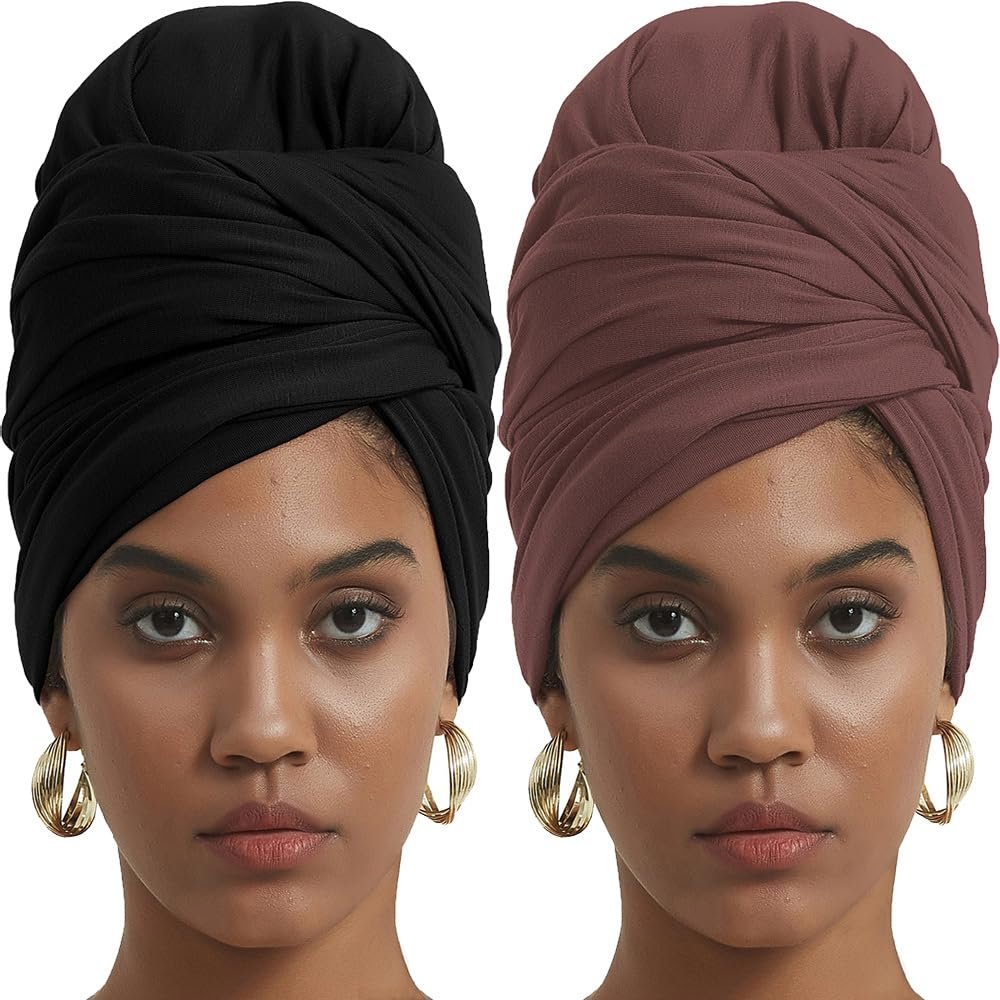 corciova Black Deep Coffee 2 Pcs Long Soft Head Wrap Turban Headband for Black Women Two Way Stretch Fashion African Head Covering Jersey Hijab Scarf