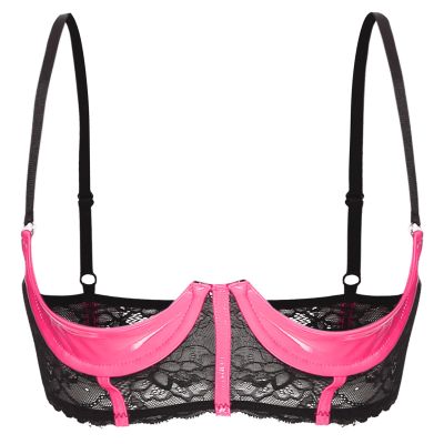 ACSUSS Womens Shiny Leather 1/3 Cup Underwired Bra Floral Lace Brassiere Lingerie Underwear Pink X-Large