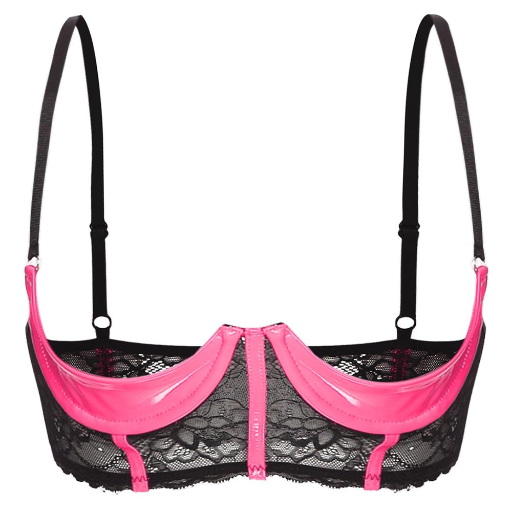 ACSUSS Womens Shiny Leather 1/3 Cup Underwired Bra Floral Lace Brassiere Lingerie Underwear Pink X-Large