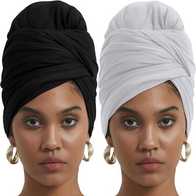 corciova Black Very Light Gray 2 Pcs Long Soft Head Wrap Turban Headband for Black Women Two Way Stretch Fashion African Head Covering Jersey Hijab Scarf