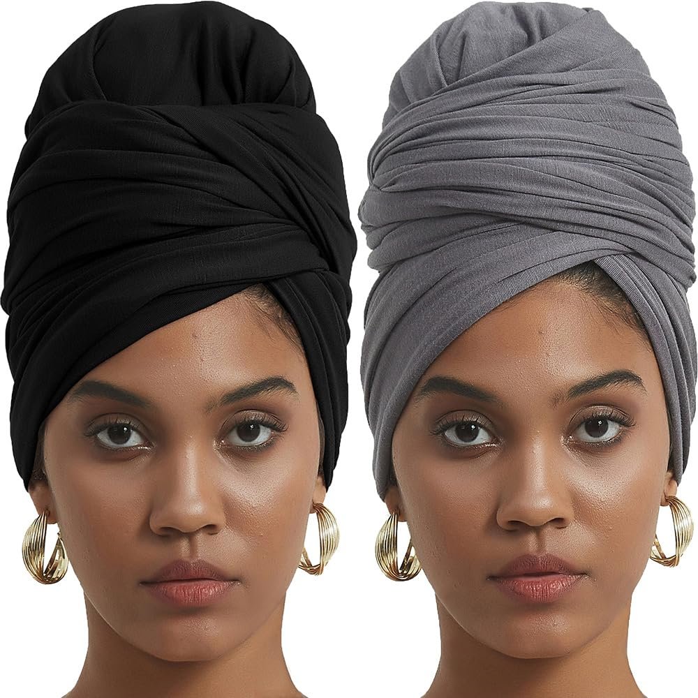 corciova Black Gray 2 Pcs Long Soft Head Wrap Turban Headband for Black Women Two Way Stretch Fashion African Head Covering Jersey Hijab Scarf