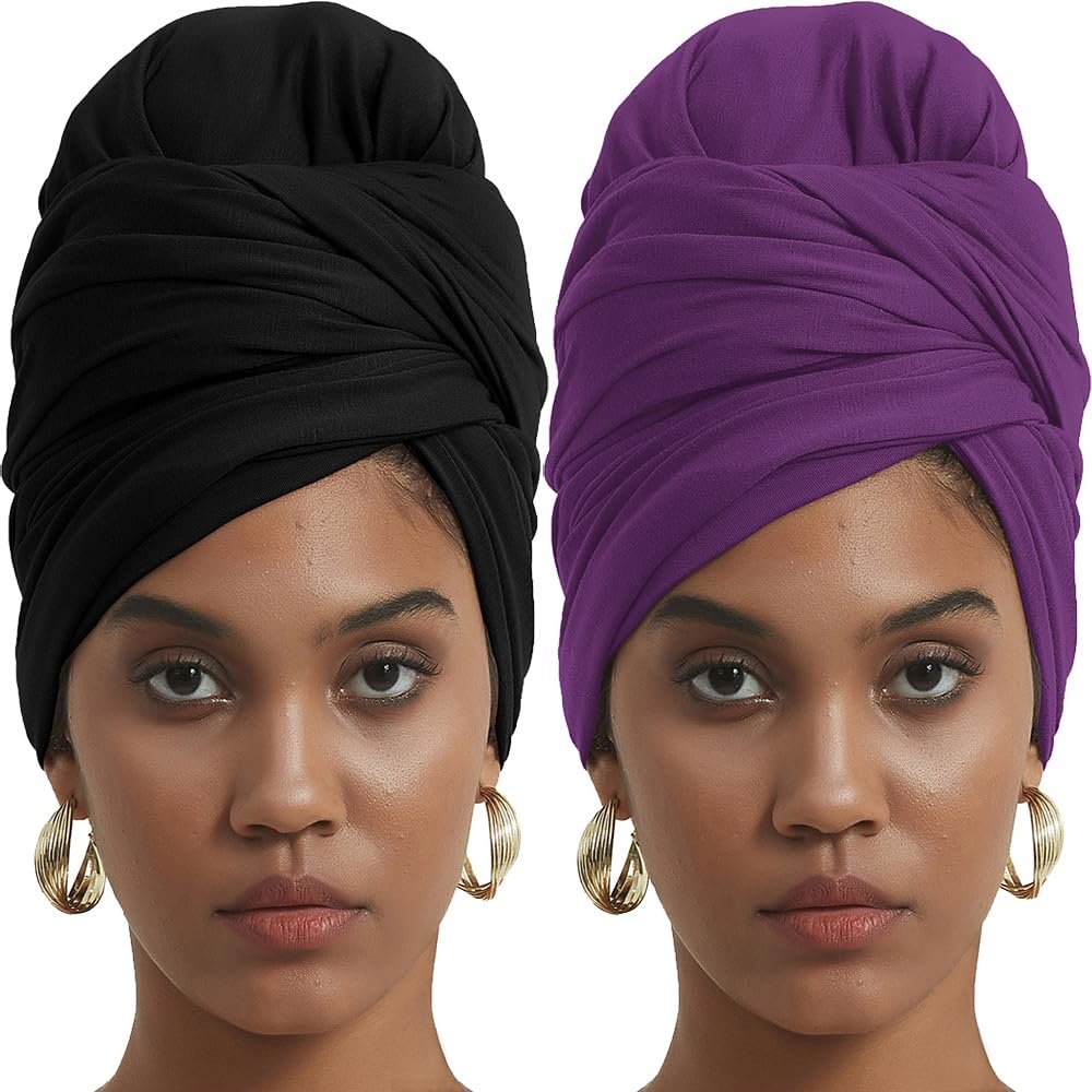 corciova Black Byzantium Purple 2 Pcs Long Soft Head Wrap Turban Headband for Black Women Two Way Stretch Fashion African Head Covering Jersey Hijab Scarf
