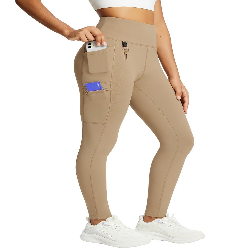 baleaf Women's Fleece Lined Leggings Waterproof Winter Hiking Pants Thermal Running Tights Zipper Pockets High Waisted Cold Weather Brown X-Large