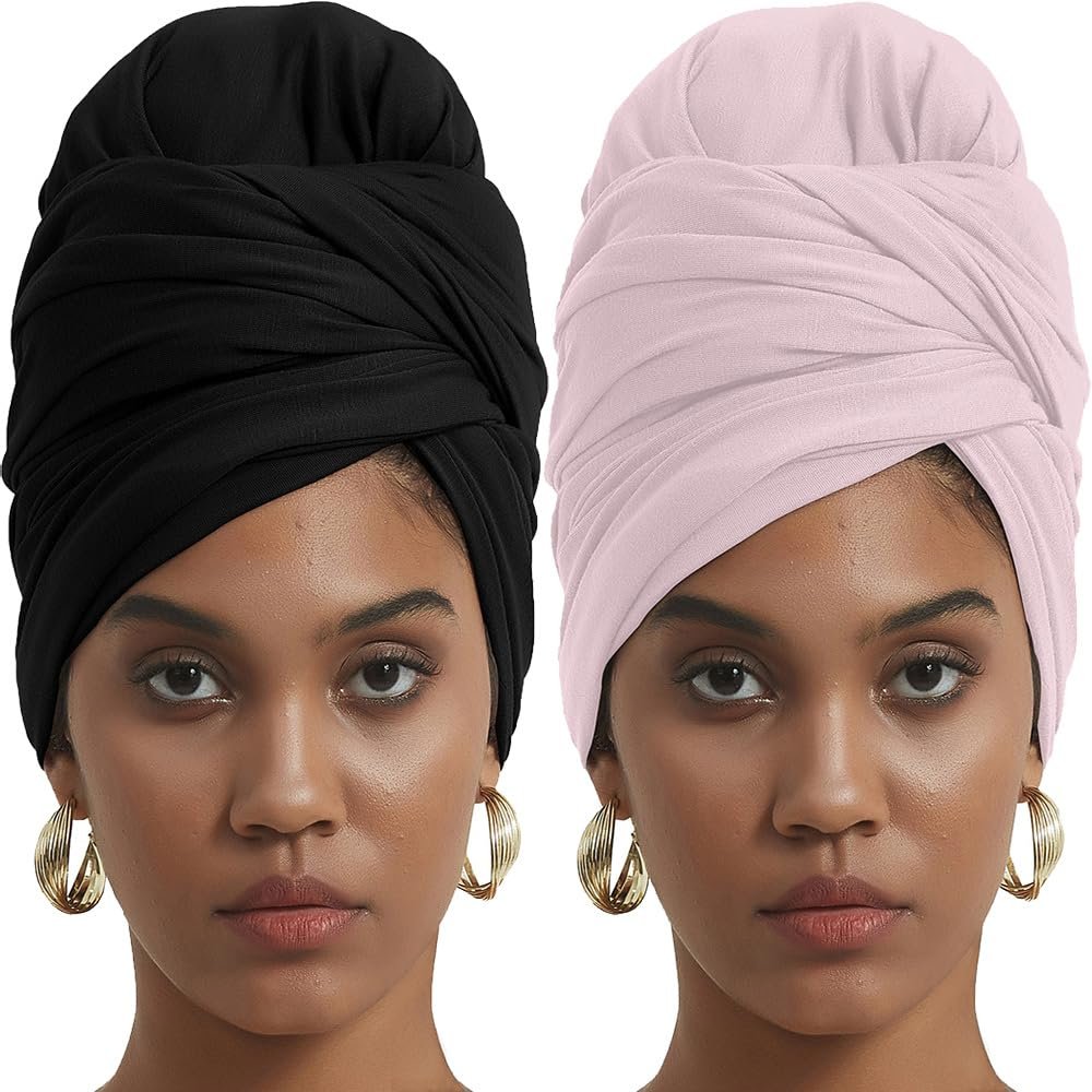 corciova Black Pale Pink 2 Pcs Long Soft Head Wrap Turban Headband for Black Women Two Way Stretch Fashion African Head Covering Jersey Hijab Scarf