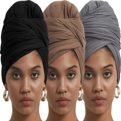 corciova Black Gray French Beige 3 Pcs Long Soft Head Wrap Turban Headband for Black Women Two Way Stretch Fashion African Head Covering Jersey Hijab Scarf