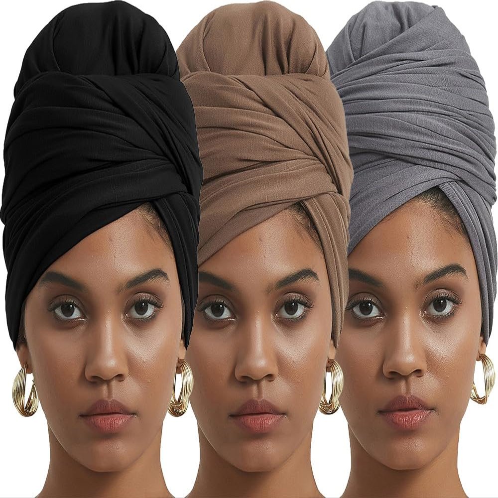 corciova Black Gray French Beige 3 Pcs Long Soft Head Wrap Turban Headband for Black Women Two Way Stretch Fashion African Head Covering Jersey Hijab Scarf