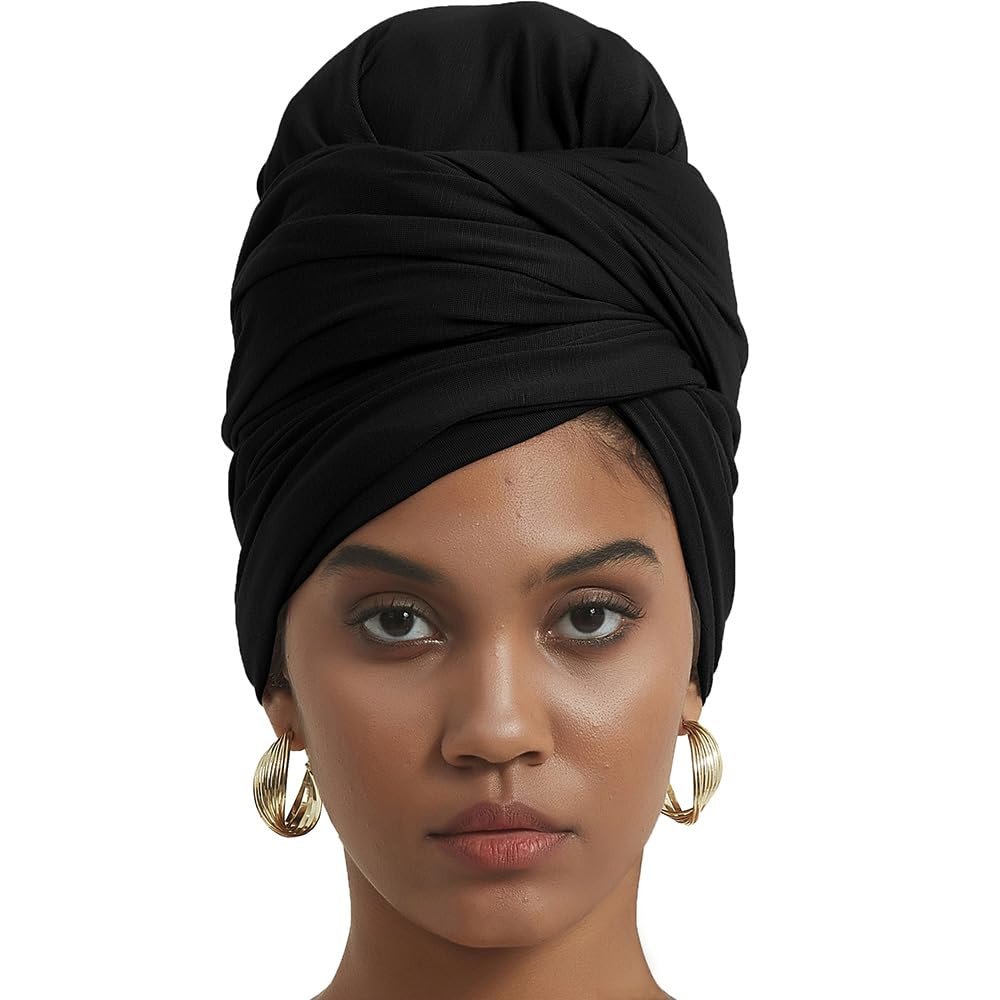 corciova Black Long Soft Head Wrap Turban Headband for Black Women Two Way Stretch Fashion African Head Covering Jersey Hijab Scarf