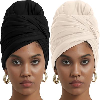 corciova Black Linen 2 Pcs Long Soft Head Wrap Turban Headband for Black Women Two Way Stretch Fashion African Head Covering Jersey Hijab Scarf