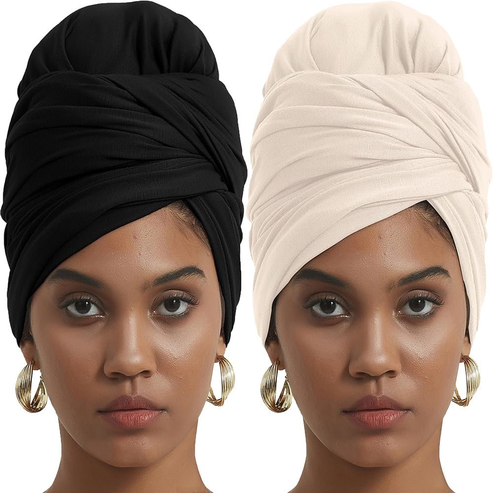corciova Black Linen 2 Pcs Long Soft Head Wrap Turban Headband for Black Women Two Way Stretch Fashion African Head Covering Jersey Hijab Scarf