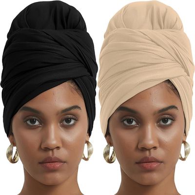 corciova Black Wheat 2 Pcs Long Soft Head Wrap Turban Headband for Black Women Two Way Stretch Fashion African Head Covering Jersey Hijab Scarf