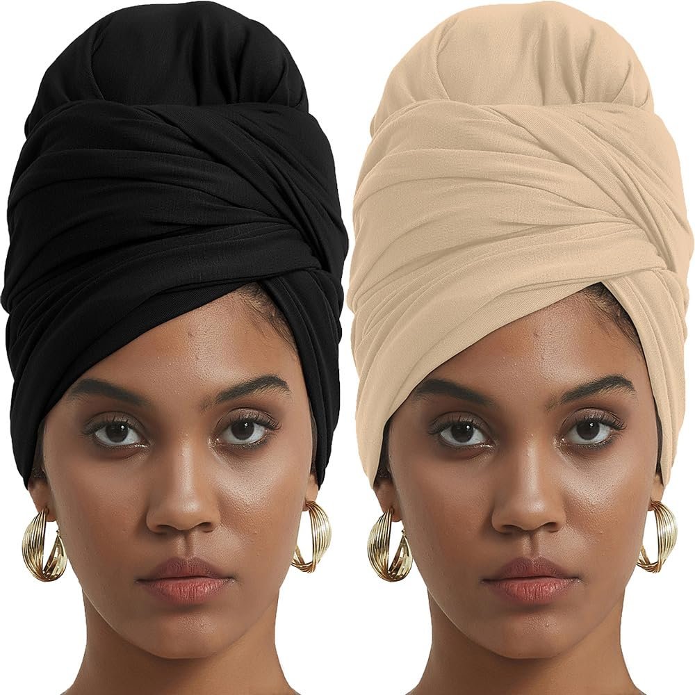 corciova Black Wheat 2 Pcs Long Soft Head Wrap Turban Headband for Black Women Two Way Stretch Fashion African Head Covering Jersey Hijab Scarf
