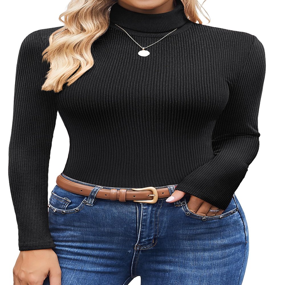 Ekouaer Women's Turtleneck Shirts Ribbed Pullover Sweater Long Sleeves Tops Midweight Thermal Underwear Blouse Black M