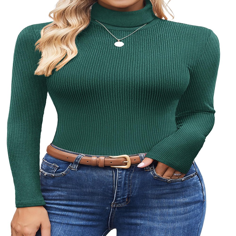 Ekouaer Women's Turtleneck Shirts Ribbed Pullover Sweater Long Sleeves Tops Midweight Thermal Underwear Blouse Green S