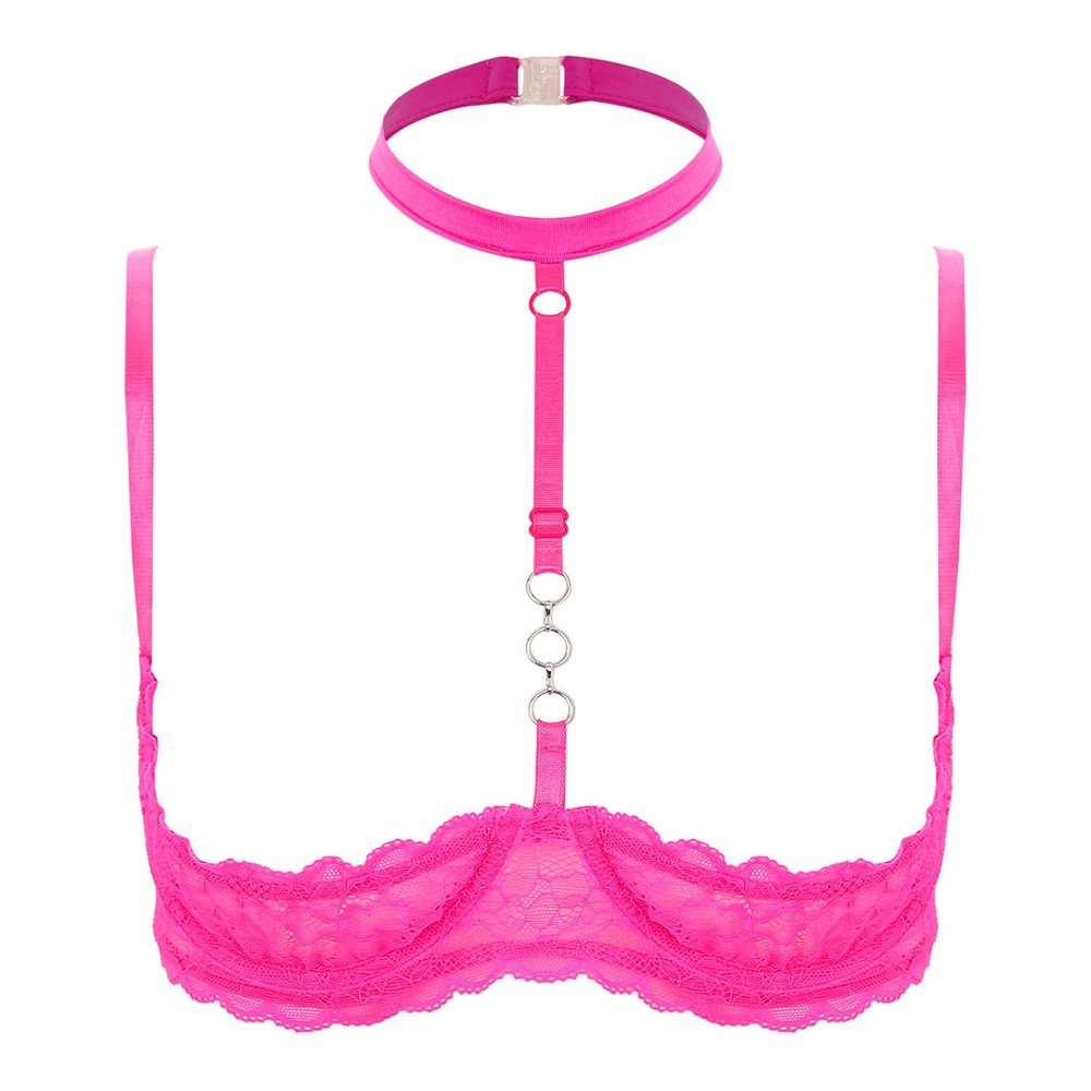 YOOJOO Women's Sexy 1/4 Cup Halter Neck Sheer Lace Bra Push Up Underwired Bralette Bra Tops Halter Neck-HP X-Large