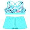 Moily Big Girls Solid Color 2 Pcs Dance Gymnastics Sports Outfit Crisscross Back Crop Top with Booty Shorts Leaf&Light Green 8 Years view 3