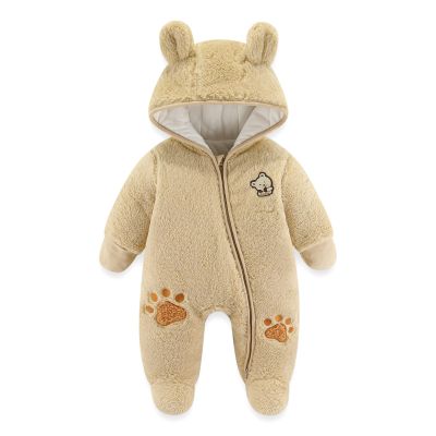 JiAmy Newborn Baby Winter Hooded Romper, Cartoon Zipper Footie Fleece Snowsuit Jumpsuit Outfits Khaki 3-6 Months