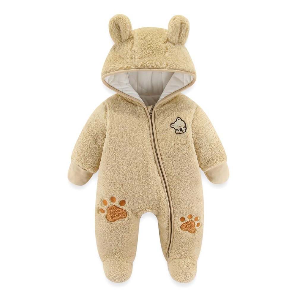 JiAmy Newborn Baby Winter Hooded Romper, Cartoon Zipper Footie Fleece Snowsuit Jumpsuit Outfits Khaki 3-6 Months