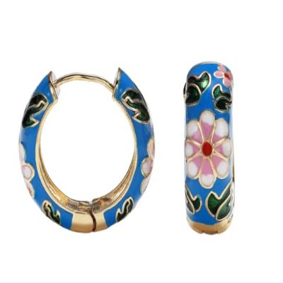 Vintage Enamel Flower Small Hoop Earrings Retro Japanese Style Flowers Ear Clip-on for Women Delicate Jewelry Mother's Day Gift Thanksgiving Gift-B blue