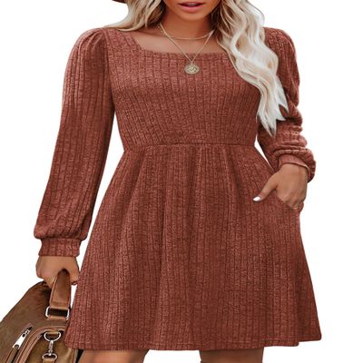 OFEEFAN Cable Knit Babydoll Dresses for Women Fall Holiday Dress Fashion Caramel S