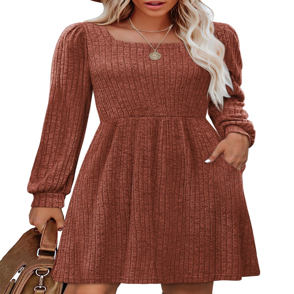 OFEEFAN Cable Knit Babydoll Dresses for Women Fall Holiday Dress Fashion Caramel S