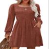 OFEEFAN Cable Knit Babydoll Dresses for Women Fall Holiday Dress Fashion Caramel S view 1