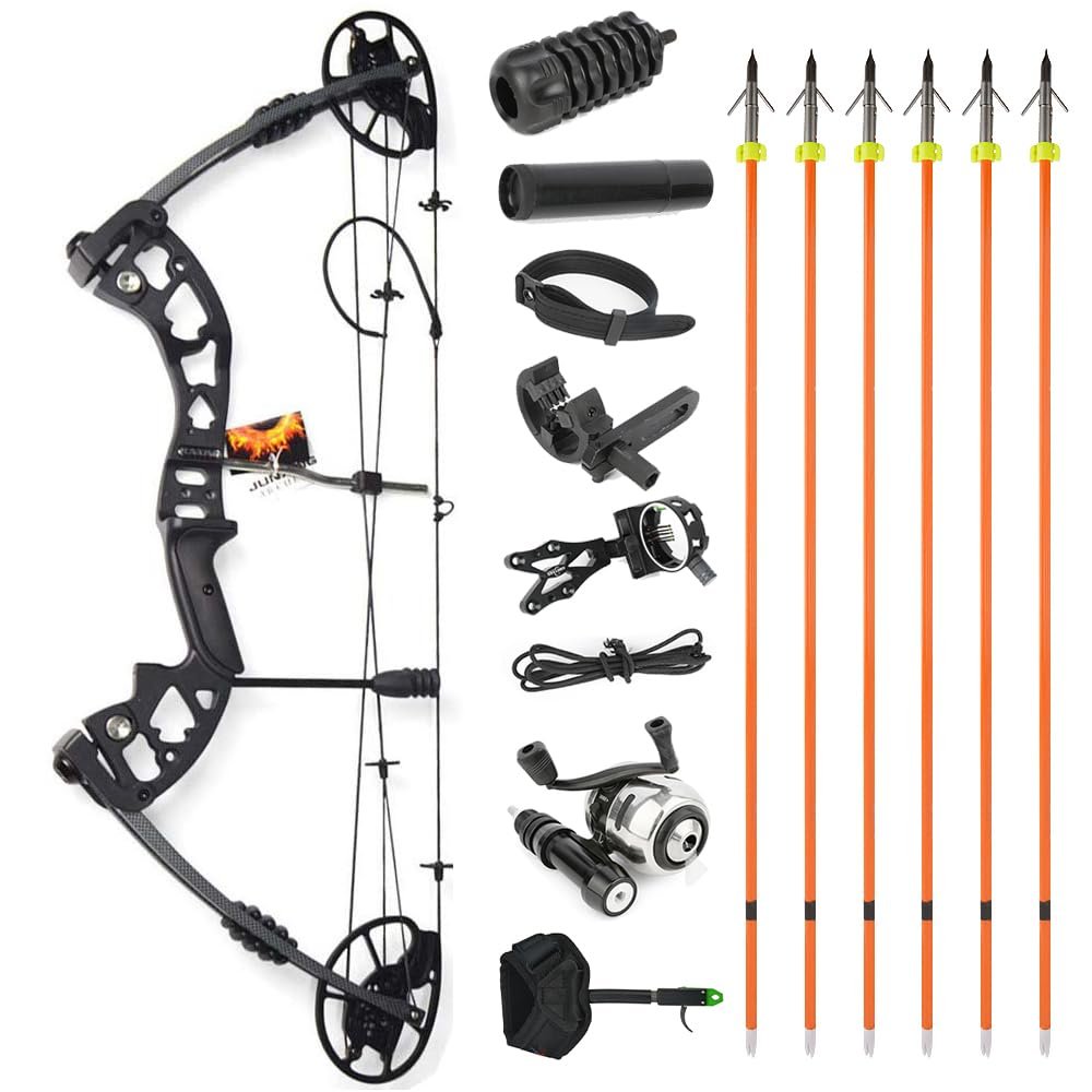 Compound Bow Kit, Bowfishing Bow Kit with Bowfishing Reel and Bowfishing Arrow,Draw Weight 30-70 Lbs, Draw Length 23.5-30.5 inches, 320 Fps SpeedRight Handed Compound Bow Fishing Kit (Black)